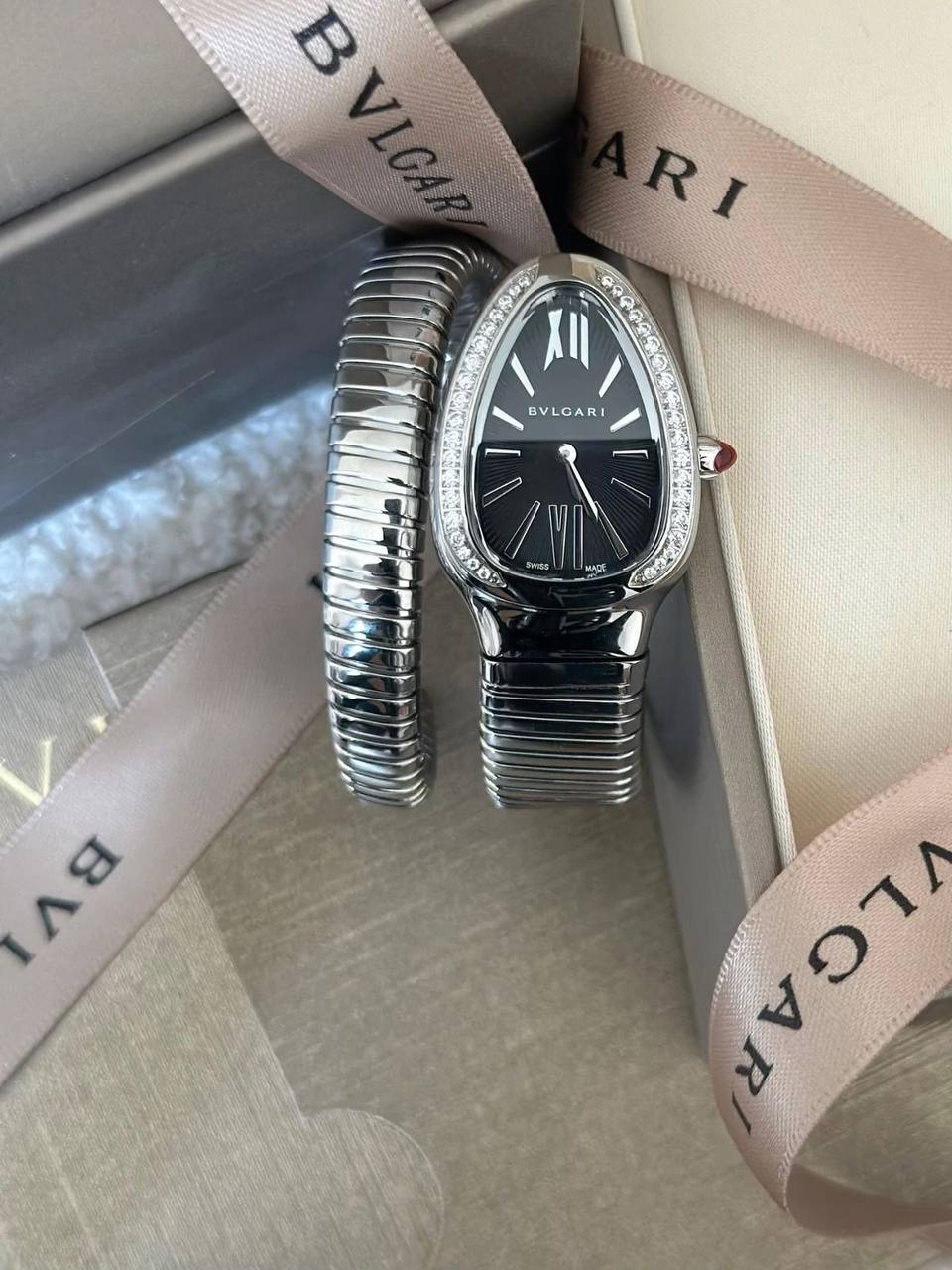 BVLGARI Serpenti Tubogas Watch – Silver / Black Dial